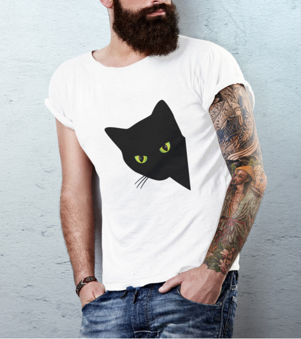 Annoyed Black Cat Peering With Green Eyes Behind Corner T-Shirt