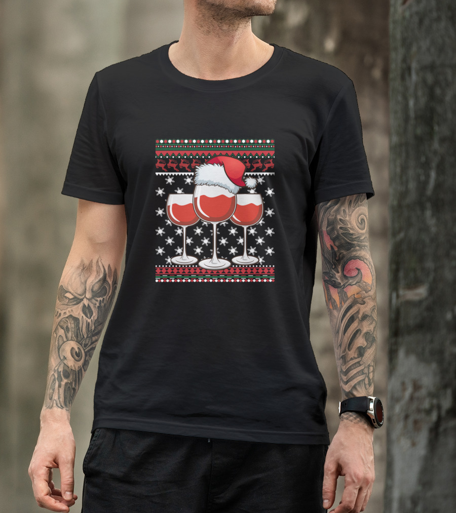 Ugly Christmas Wine Glass Holiday Santa Hat Snowflakes Reindeer T-Shirt