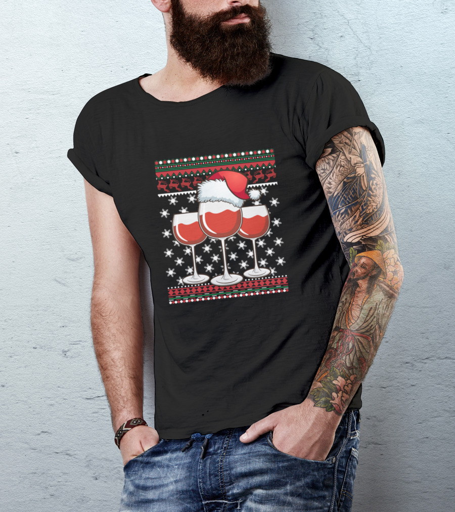 Ugly Christmas Wine Glass Holiday Santa Hat Snowflakes Reindeer T-Shirt