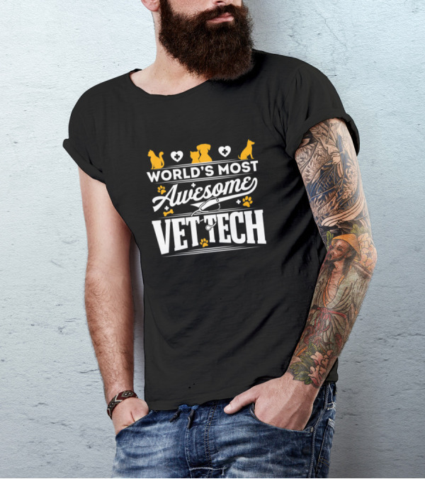 World's Most Awesome Vet Tech With Cute Pet Icons And Stethoscope T-Shirt