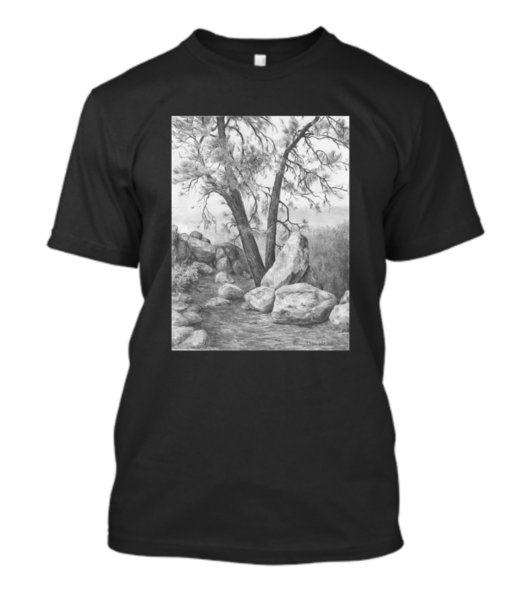 Artistic Pencil Sketch Of Serene Natural Landscape With Trees And Rocks T-Shirt