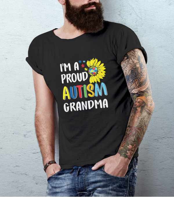 I'm A Proud Autism Grandma Sunflower Puzzle Heart T-Shirt