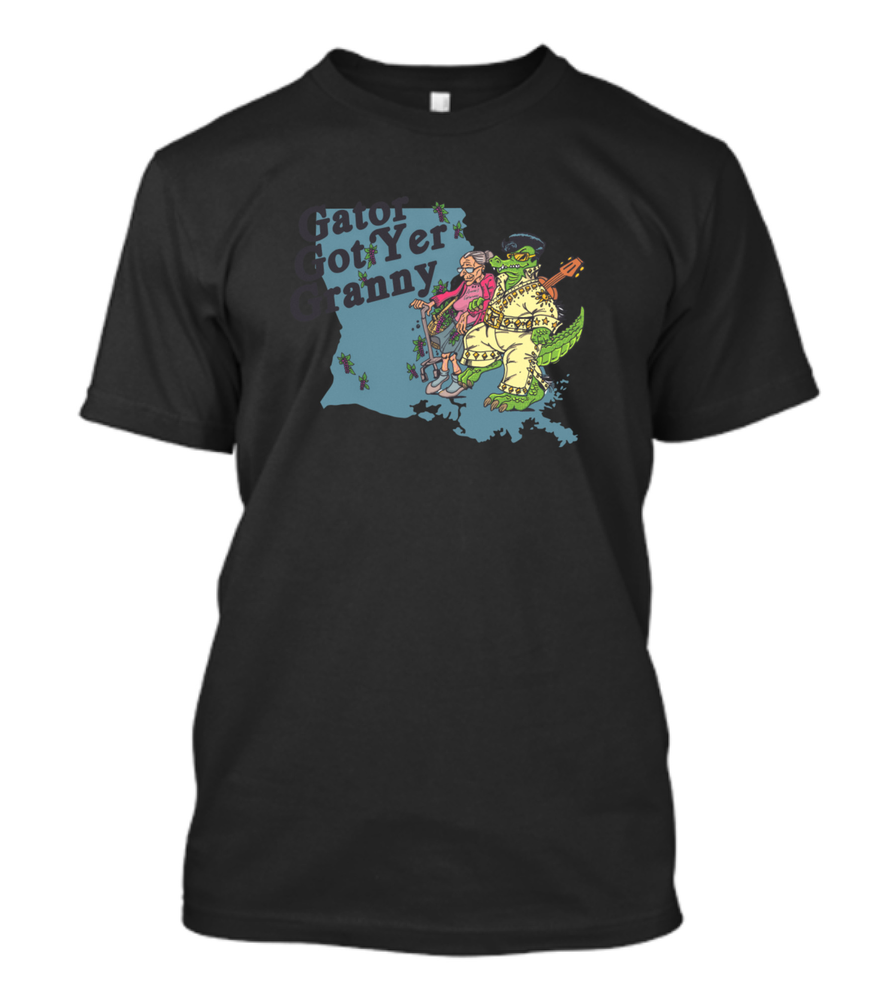 Gator Got Yer Granny Louisiana Map Elvis Alligator Granny Capture T-Shirt
