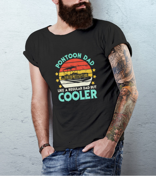 Pontoon Dad Like A Regular Dad But Cooler Retro Sunset Boat Scene T-Shirt
