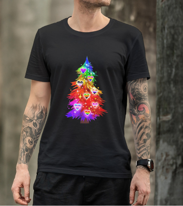 Queer On Christmas Planting Pride And Love Rainbow Christmas Tree Hearts T-Shirt