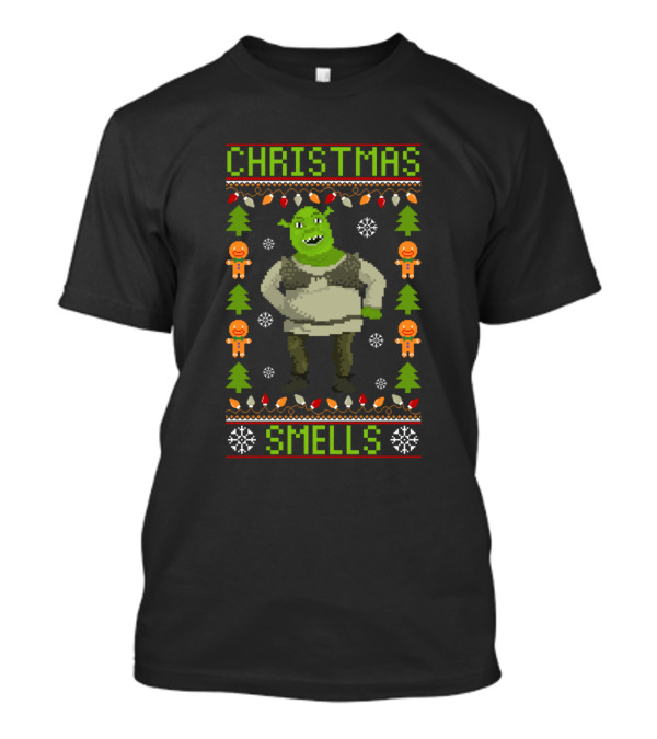 Shrek Christmas Smells Ugly Sweater Design Gingerbread Trees Lights T-Shirt