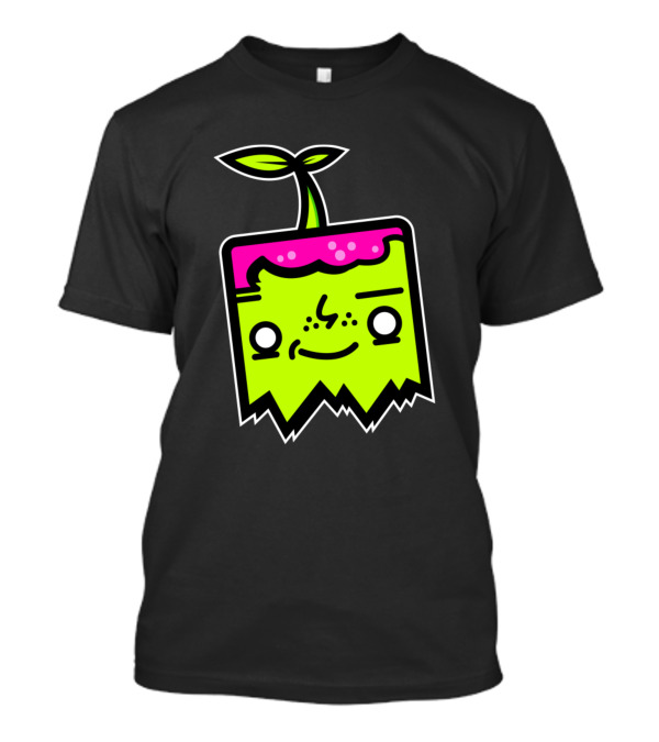 Sprout Mascot Neon Cube Character With Leaf And Pink Top T-Shirt