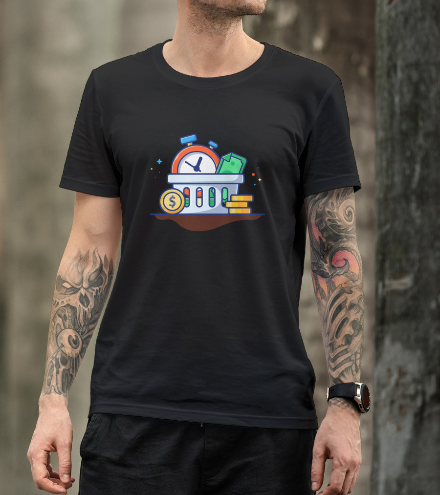 Stack Of Coin With Timer And Money Box Cartoon Money And Time T-Shirt