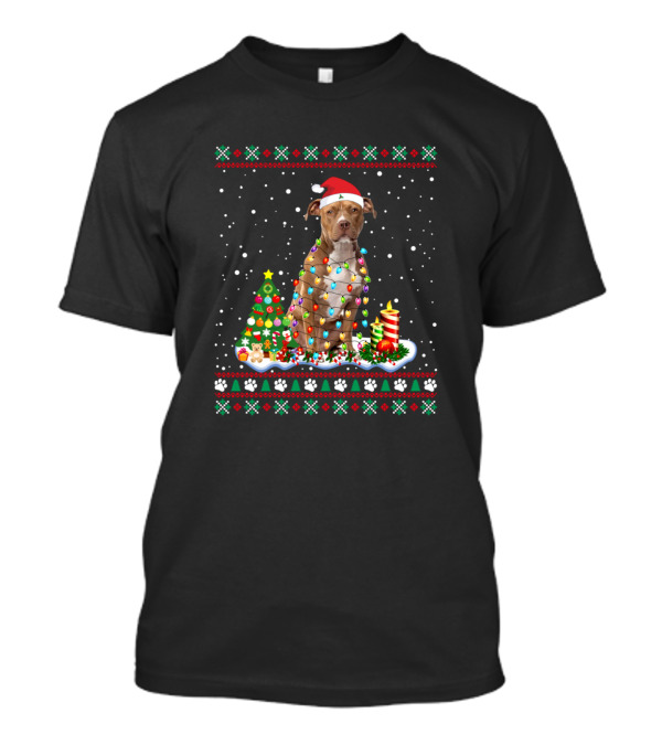 Staffordshire Terrier Santa Christmas Lights Snow Scene T-Shirt
