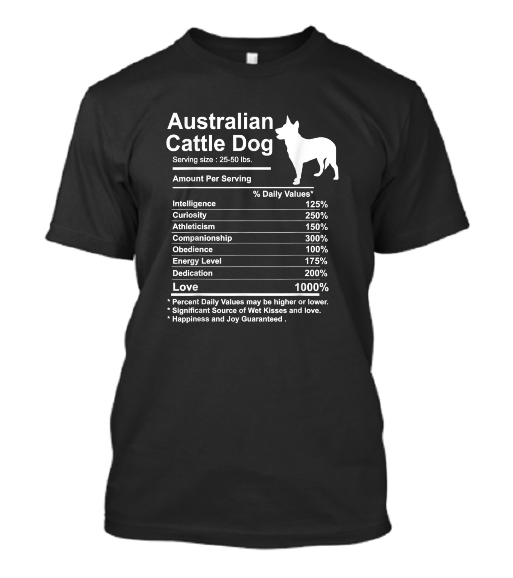 Australian Cattle Dog Serving Size Nutrition Facts Intelligence Curiosity Athleticism Companionship Obedience Energy Level Dedication Love T-Shirt