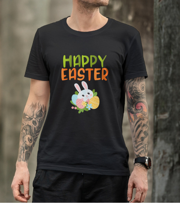 Happy Easter Cute Bunny With Colorful Eggs T-Shirt