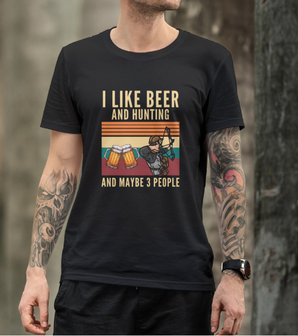I Like Beer And Hunting Archer With Beer Mugs And Maybe 3 People T-Shirt