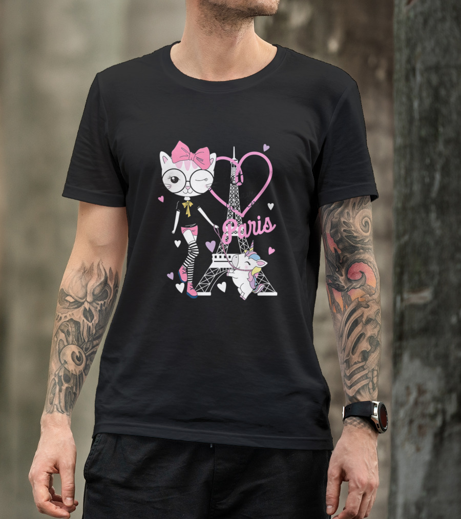 Let's Have Fun In Paris With Cute Kitty And Unicorn T-Shirt