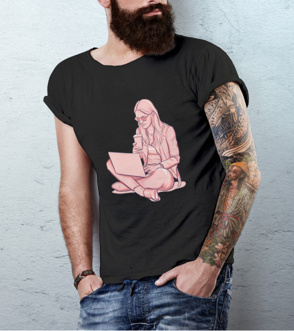 Working Laptop Coffee Break Sitting Woman T-Shirt