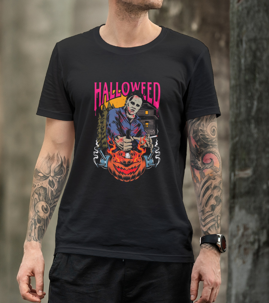 Halloweed Halloween Michael Myers Jack-O'-Lantern Smoking Knife Cannabis T-Shirt