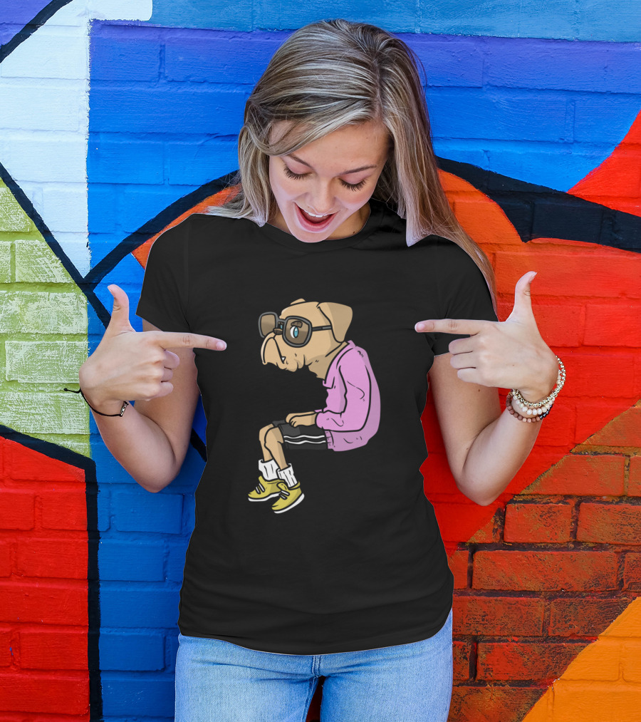Hipster Great Dane Bulldog In Glasses And Pink T-Shirt