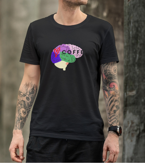 I Love Coffee Heart Brain Multicolored T-Shirt