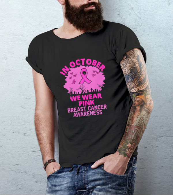 In October We Wear Pink Breast Cancer Awareness Halloween Ribbon Graveyard T-Shirt