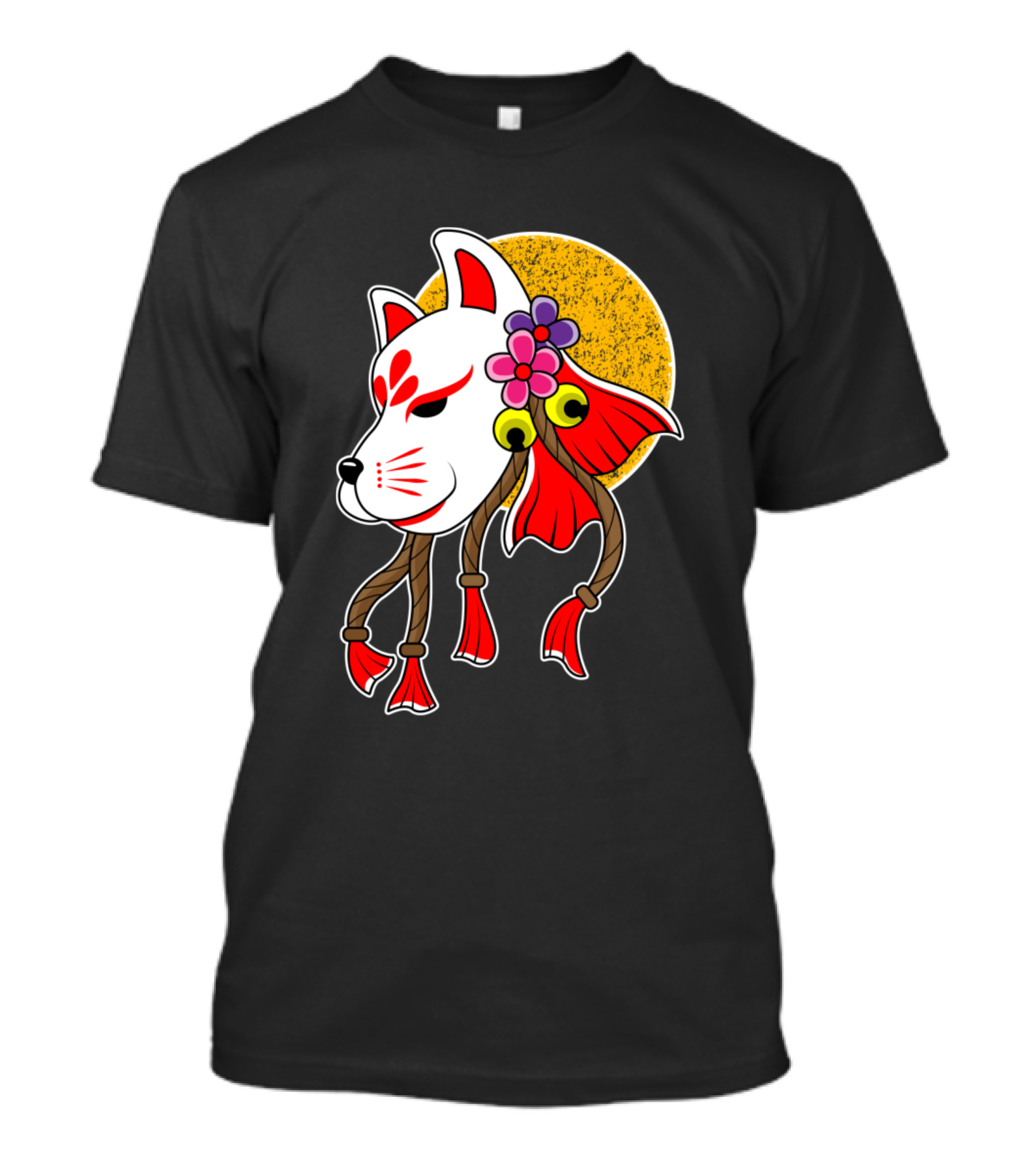 Japanese Kami Inari Fox Kitsune Mask With Flowers And Sun Motif T-Shirt
