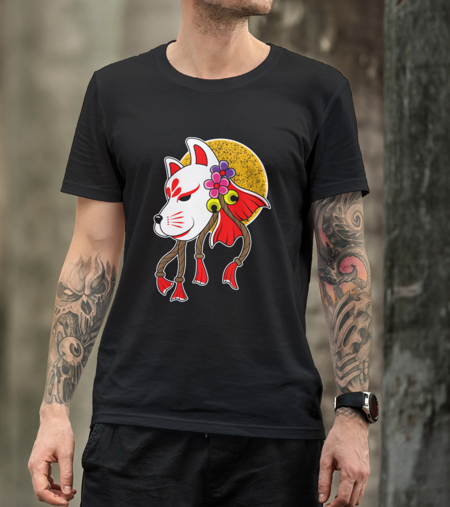 Japanese Kami Inari Fox Kitsune Mask With Flowers And Sun Motif T-Shirt
