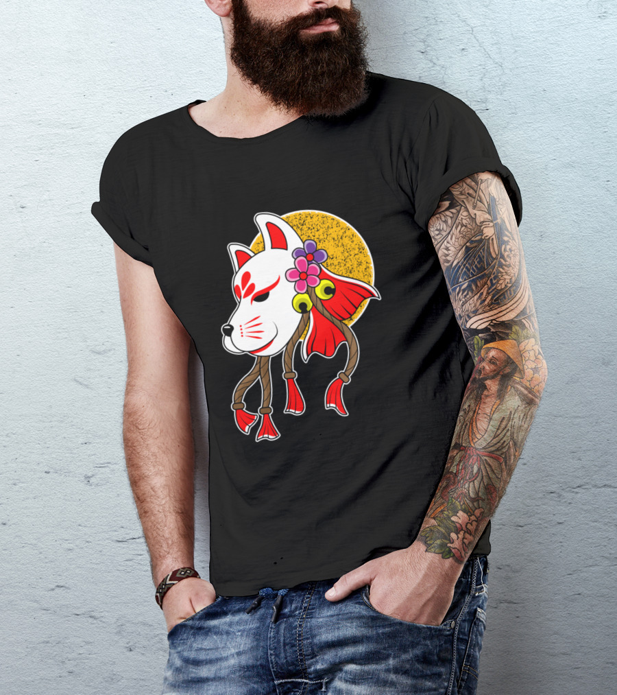 Japanese Kami Inari Fox Kitsune Mask With Flowers And Sun Motif T-Shirt