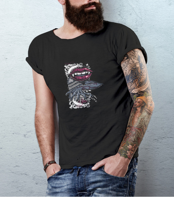Lips Tatto Winged Gothic T-Shirt