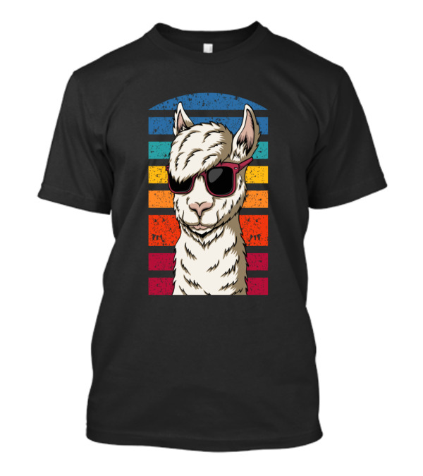 Llama With Sunglasses Retro Rainbow Stripes T-Shirt