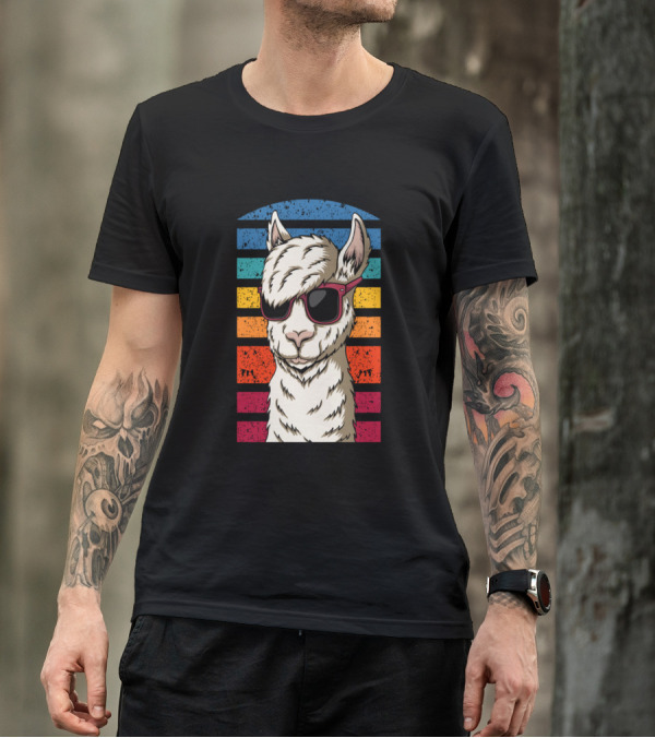 Llama With Sunglasses Retro Rainbow Stripes T-Shirt