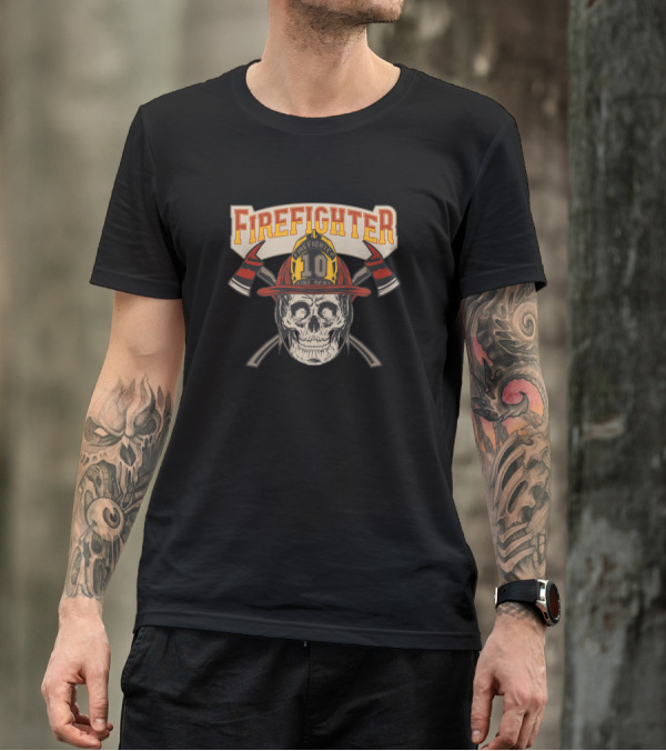 Firefighter Skull Helmet Axe Number 10 Rescue Fireman T-Shirt