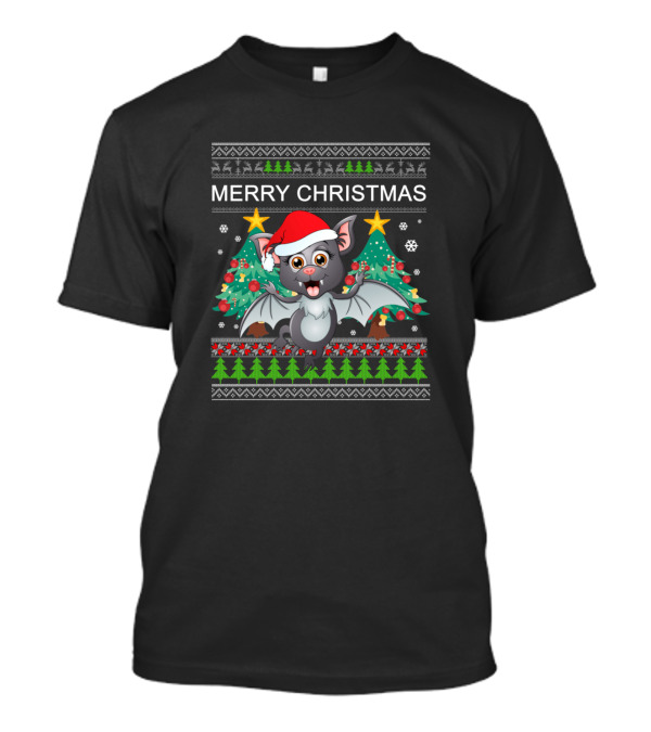 Merry Christmas Bat Santa Hat Festive Tree Stars Snowflakes T-Shirt