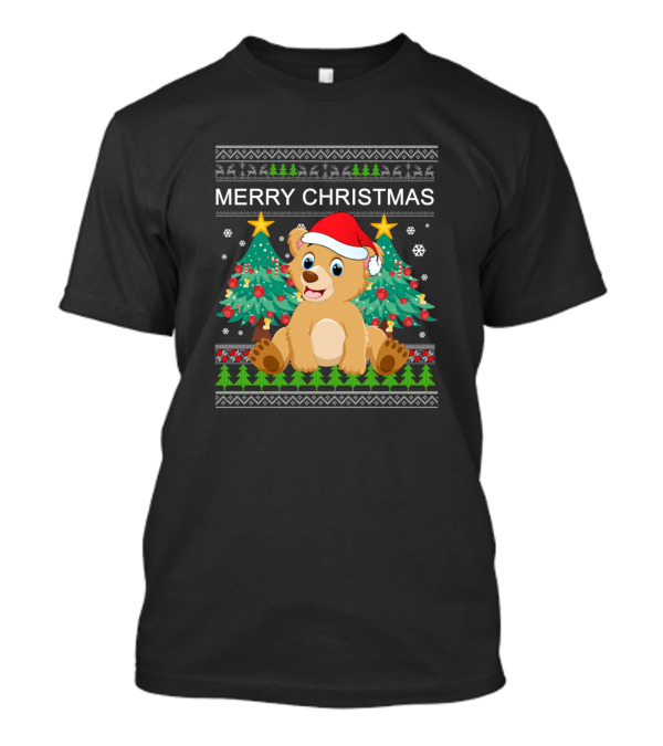 Merry Christmas Bear Santa Hat Festive Trees T-Shirt