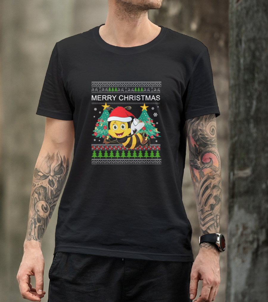 Merry Christmas Bee Santa Hat Christmas Trees Snowflakes T-Shirt