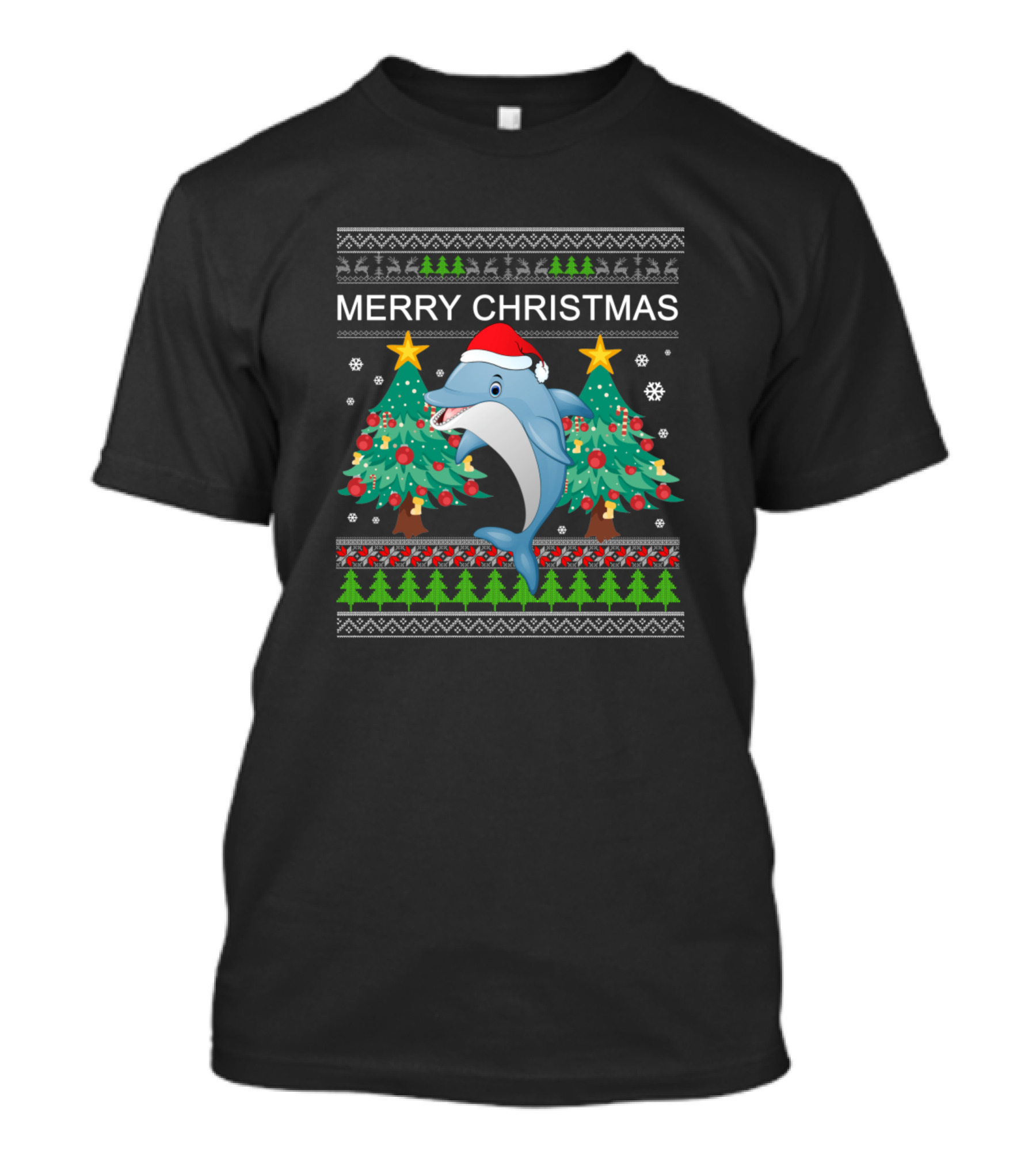 Merry Christmas Dolphin Santa Hat Festive Trees Snowflakes Holiday T-Shirt