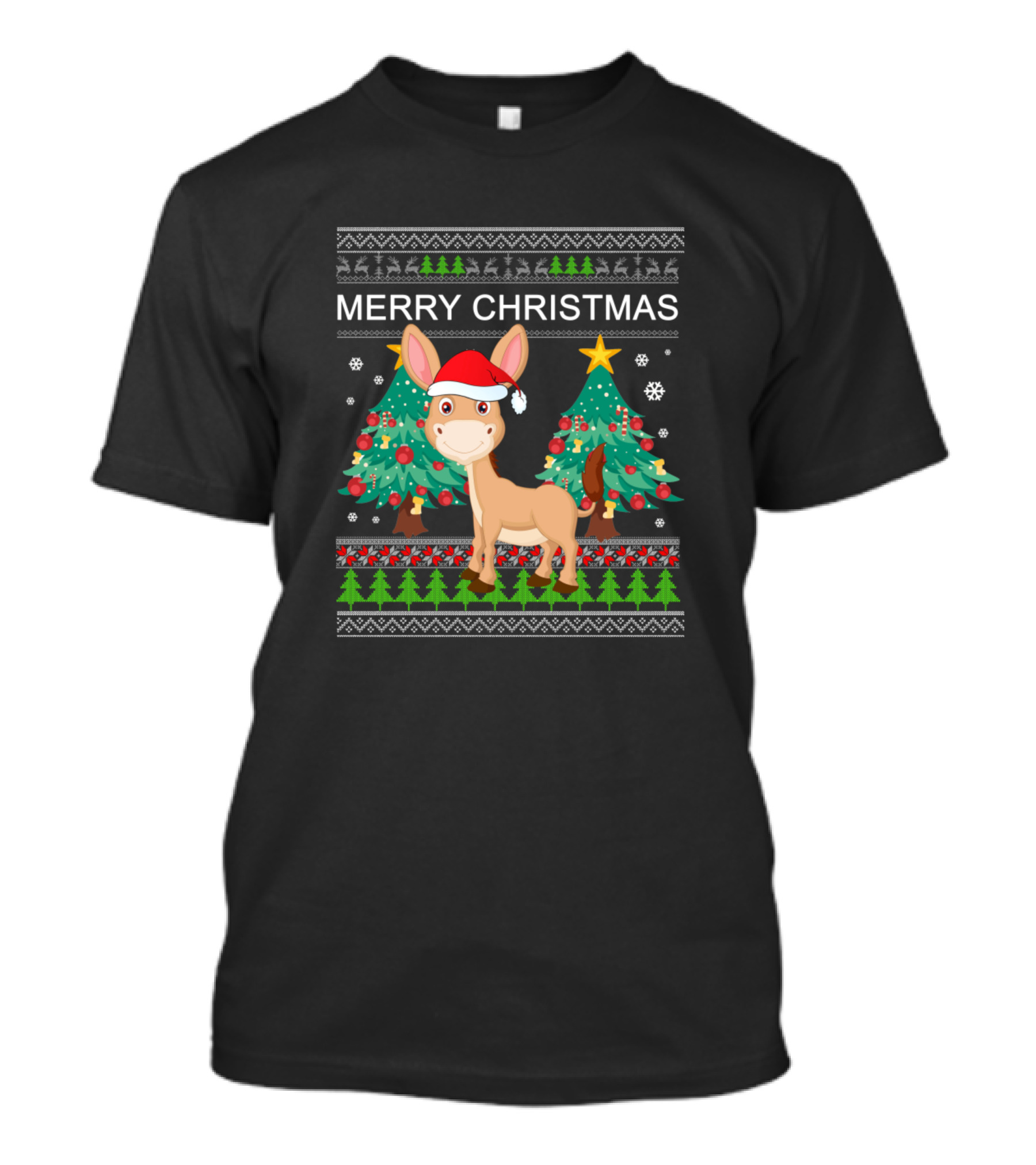Merry Christmas Donkey Santa Hat With Christmas Trees And Snowflakes T-Shirt