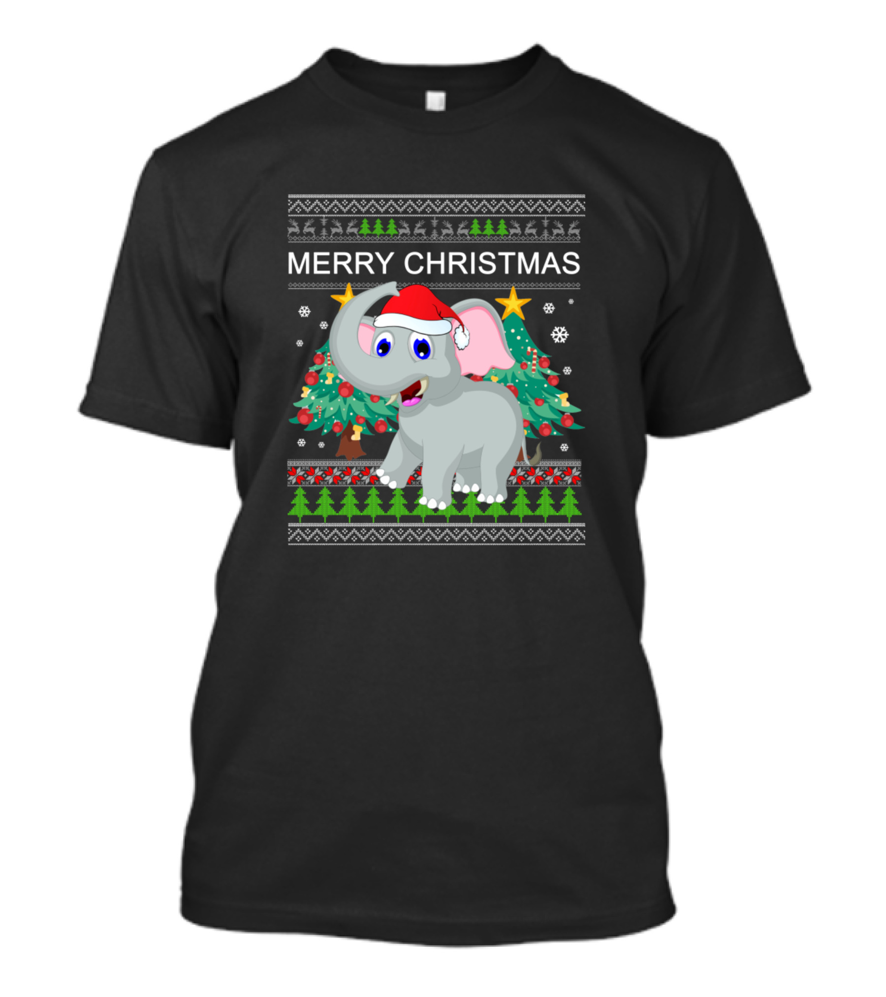 Merry Christmas Elephant Santa Hat Christmas Trees Snowflakes T-Shirt