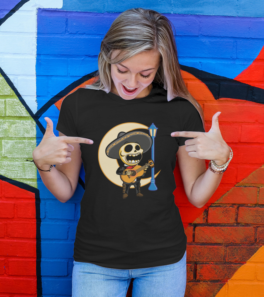 Pedrito The Mariachi Skeleton Guitar Serenade Under Streetlight T-Shirt