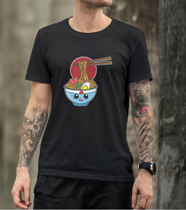 Ramen Noodles Kawaii Anime Tokio Japan Kitsune Fox Bowl With Chopsticks And Red Circle T-Shirt