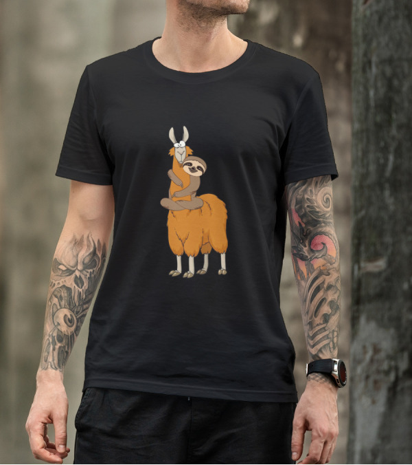 Sloth Hugging Llama Cartoon Characters T-Shirt