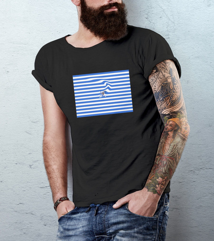 Small Ship On Blue And White Striped Ocean Waves T-Shirt