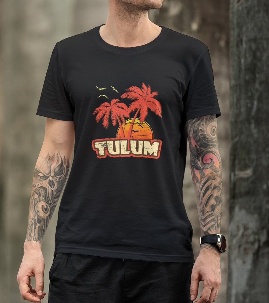 Tulum Tropical Palm Trees Vintage Sunset Birds T-Shirt