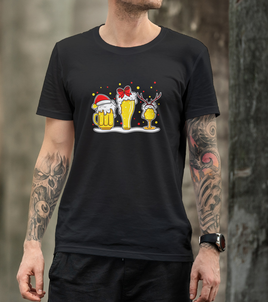 Ugly ChristmasBier Wine Drinks Joy Santa Hat Reindeer Antlers Red Bow T-Shirt