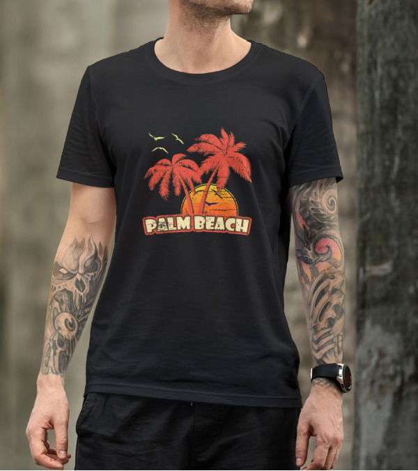Palm Beach Vintage Sunset Palm Trees And Birds Orange Yellow T-Shirt