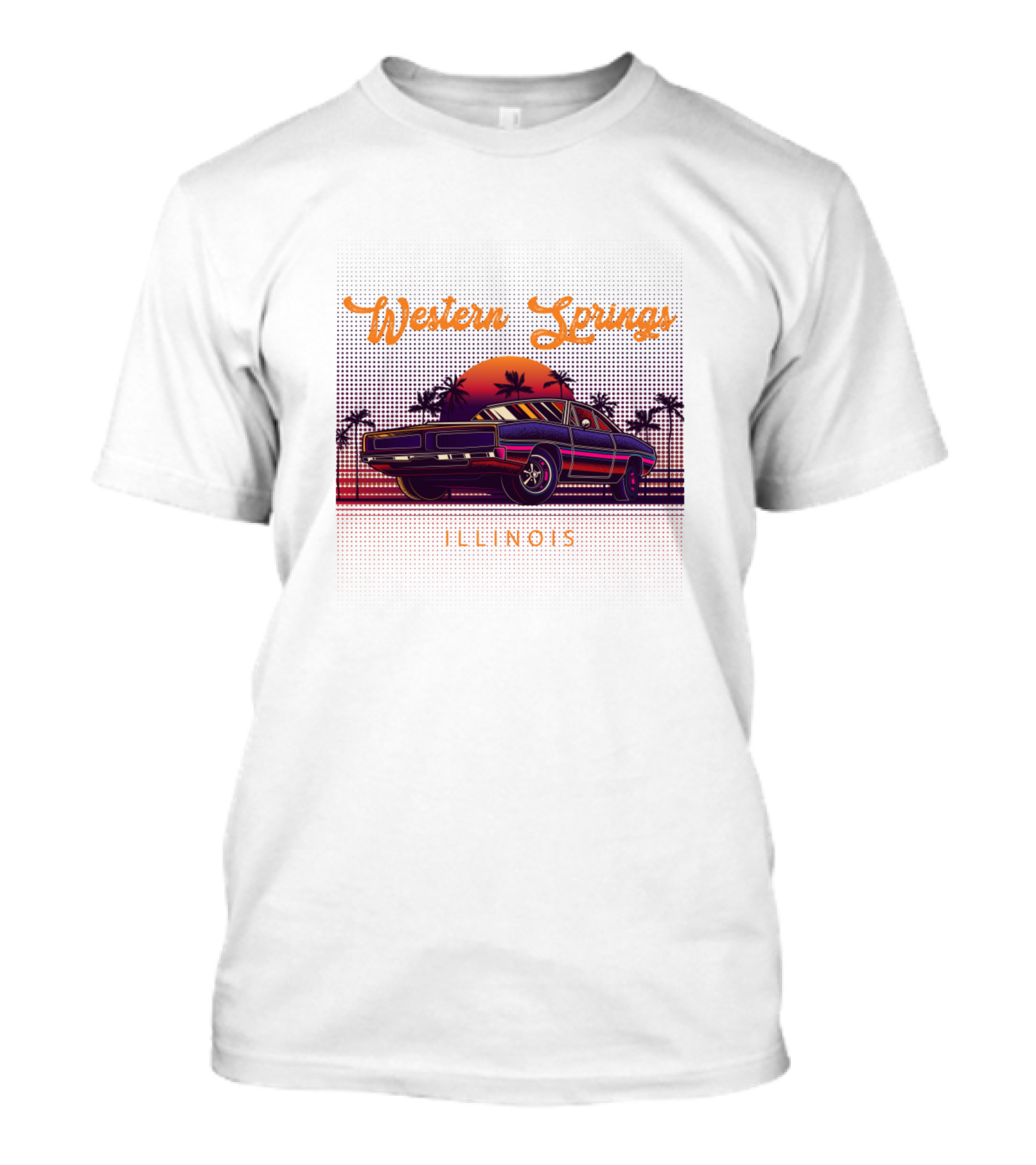 Western Springs Illinois Vintage Muscle Car Sunset Scene T-Shirt