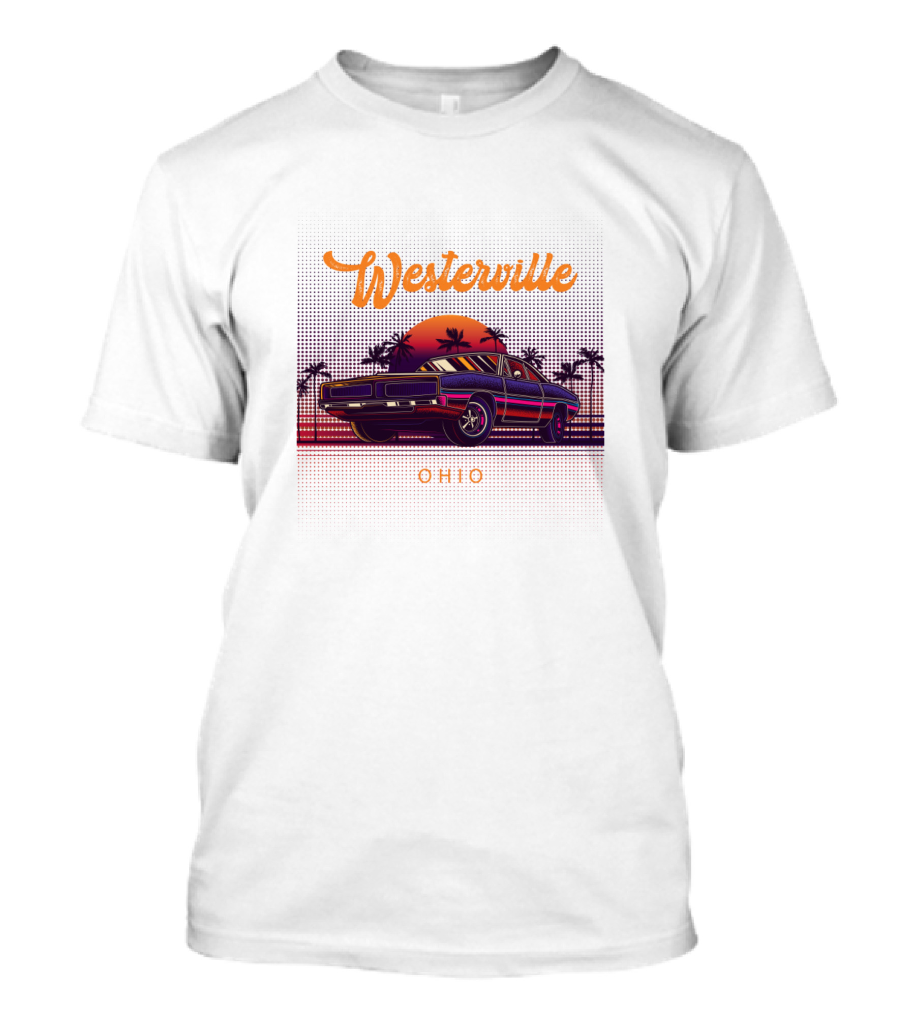 Westerville Ohio Vintage Muscle Cars Sunset Palm Trees Classic Scene T-Shirt
