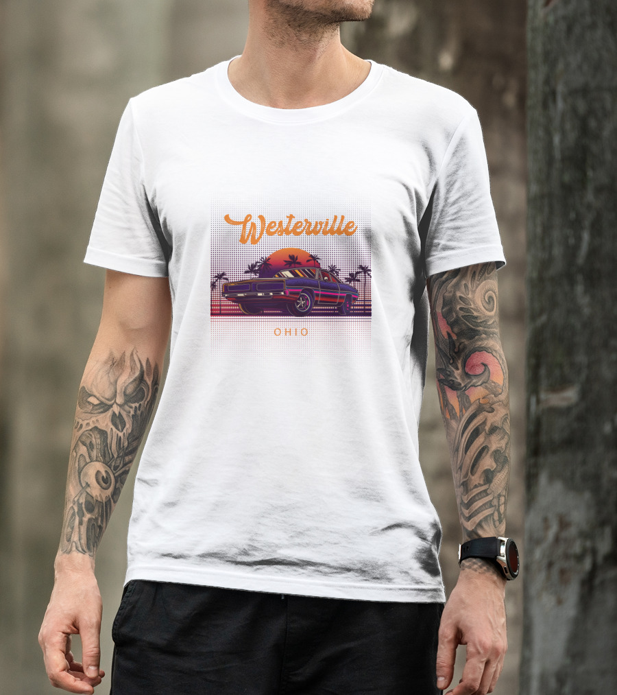 Westerville Ohio Vintage Muscle Cars Sunset Palm Trees Classic Scene T-Shirt
