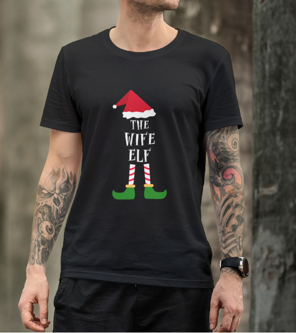 The Wife Elf Christmas Santa Hat Green Shoes Striped Leggings T-Shirt