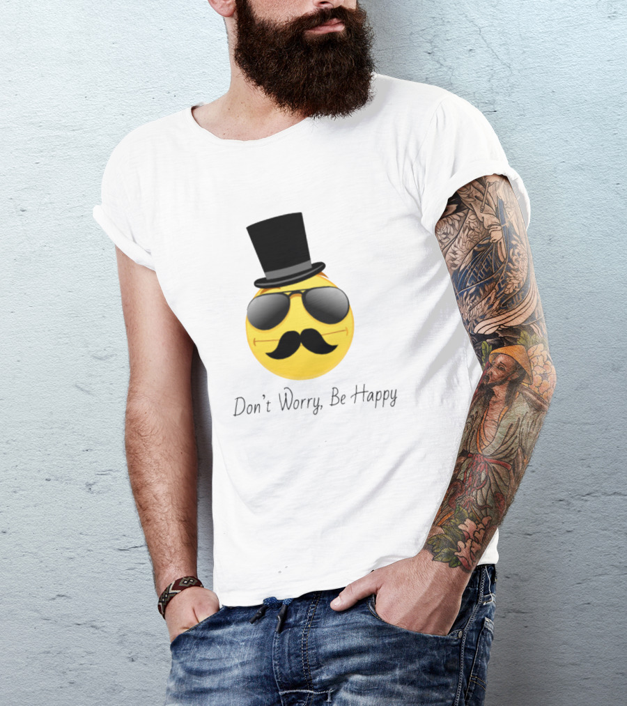Don't Worry Be Happy Emoji With Top Hat And Sunglasses T-Shirt