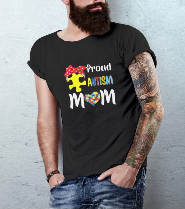 Proud Autism Mom Autism Awareness Puzzle Heart Bow T-Shirt