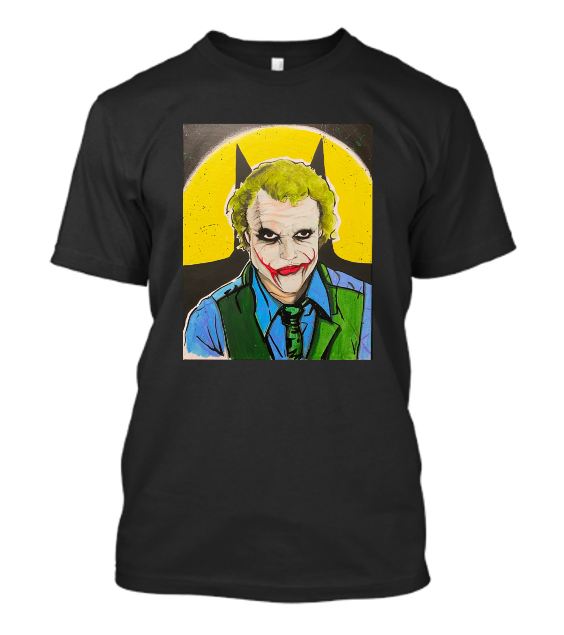 Heath Ledger Joker With Batman Symbol In Background T-Shirt