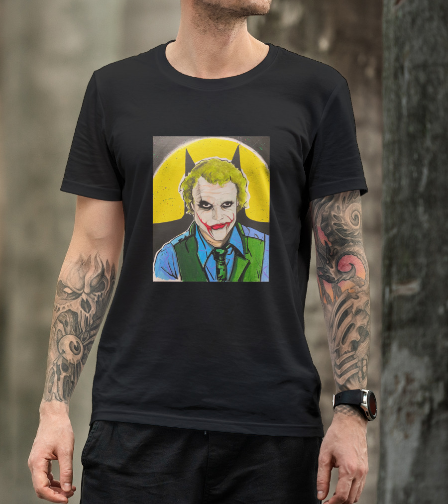 Heath Ledger Joker With Batman Symbol In Background T-Shirt